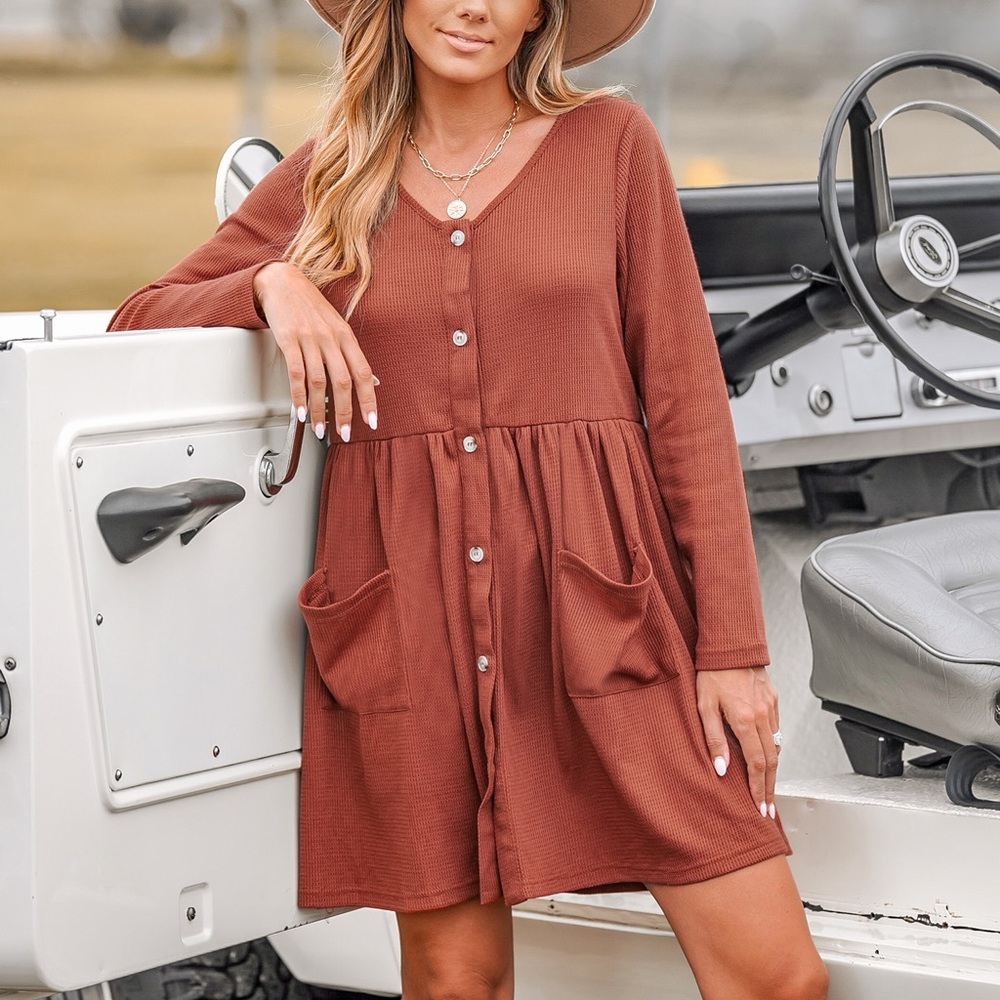 Cupshe Terracotta Long Sleeve Button-Down Dress